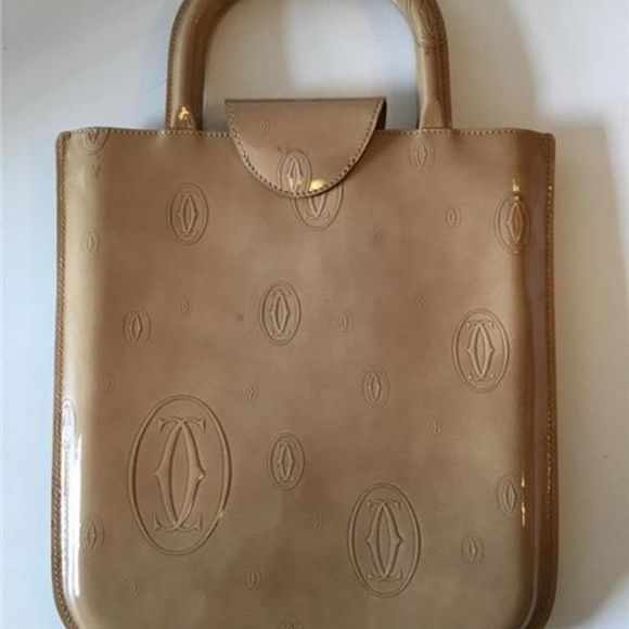 CARTIER PARIS BEIGE ENAMEL CALF HANDBAG * - Picture 3 of 5